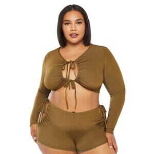 Savage X Fenty "Sleep and Shine" LS Crop Tee Sleepwear - Military Olive-Size: 3X